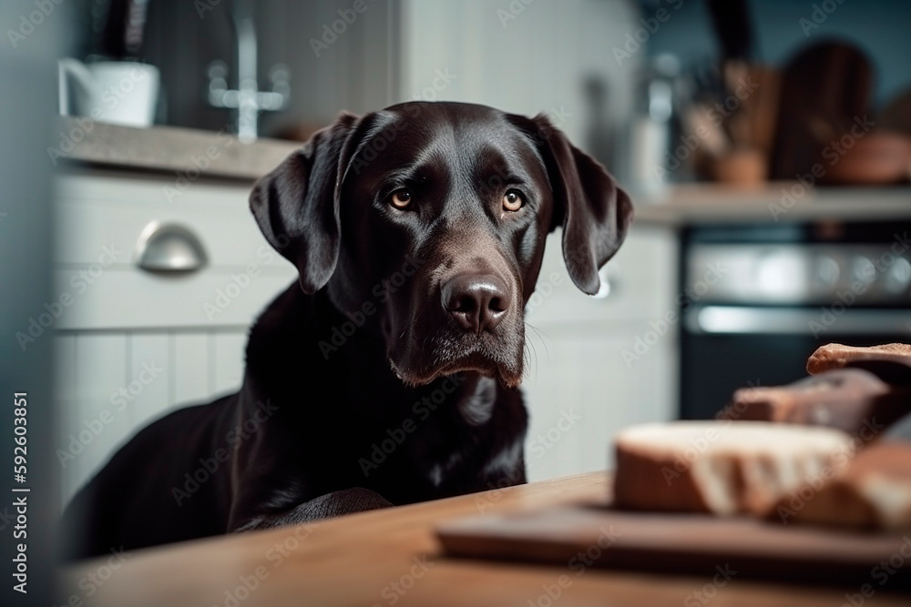 Labrador retriever eating from his bowl in kitchen Labrador retriever eating from his bowl in kitchen