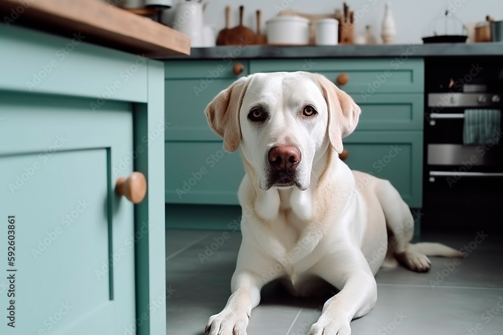 Labrador retriever eating from his bowl in kitchen Labrador retriever eating from his bowl in kitchen