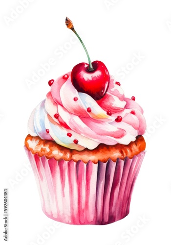 Watercolor illustration of a cupcake decorated with whipped cream and cherry isolated on white background. Generative AI.