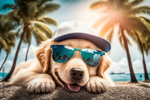 Cute puppy in a hat and sunglasses is resting on the sea coast under palm trees. AI Generated ©  iiulia