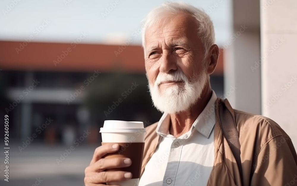 Senior older modern man drinking take away coffee and enjoys life. Generative AI Senior older modern man drinking take away coffee and enjoys life. Generative AI