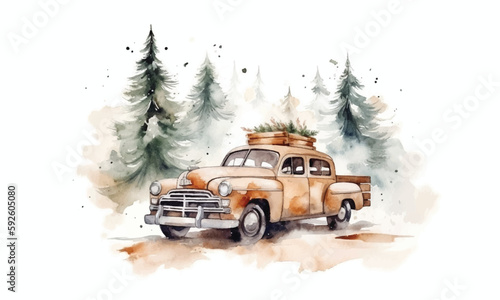 Vintage red pickup truck. Watercolor illustration on a white background. Christmas card with a classic American truck and a Christmas tree in the back of a car.