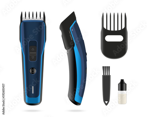 Isolated hair clipper. 3d blue trimmer. Barber tool with accesories. Electric haircut machine. Hairdresser instrument in side, top views