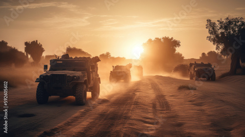 A group of military vehicles drive down a dusty road. Al generated © ArtStage