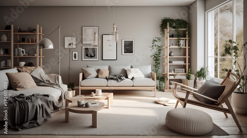modern living room designed with IKEA furniture and accessories. The room a minimalist theme with a neutral color palette © Aiakos