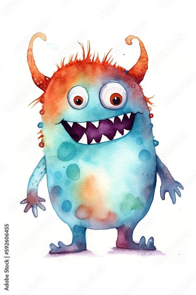 Watercolor cute fluffly monster. Happy. Children's style, cartoon. AI generated Watercolor cute fluffly monster. Happy. Children's style, cartoon. AI generated