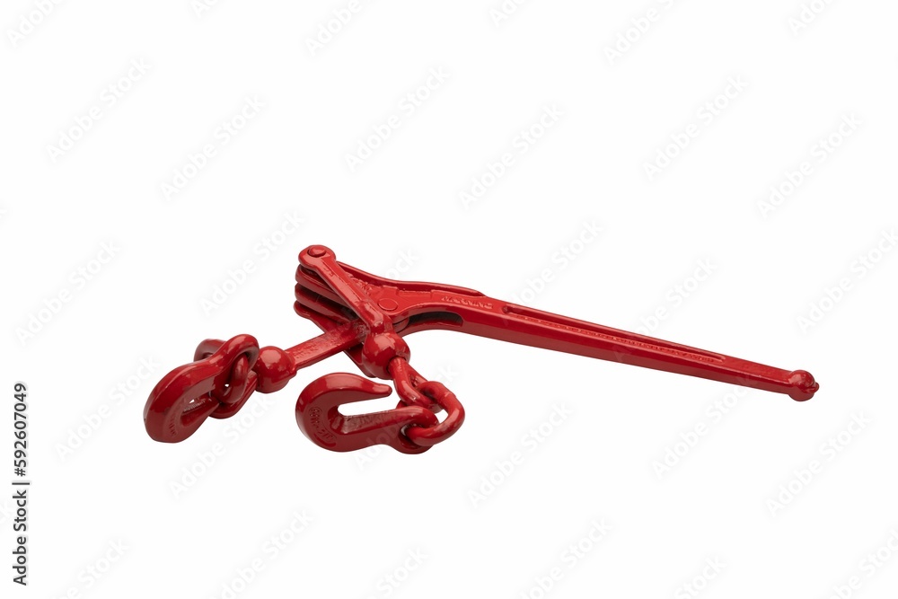 Metallic red ratchet chain binder for securing the load isolated on the white background Metallic red ratchet chain binder for securing the load isolated on the white background