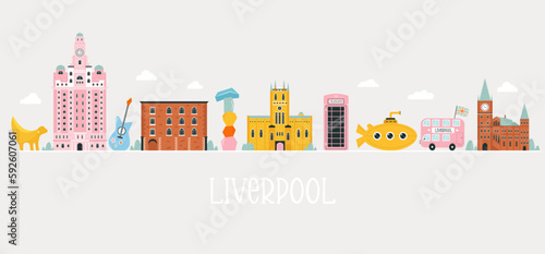 Vector colorful design, banner with icons, famous symbols of Liverpool.