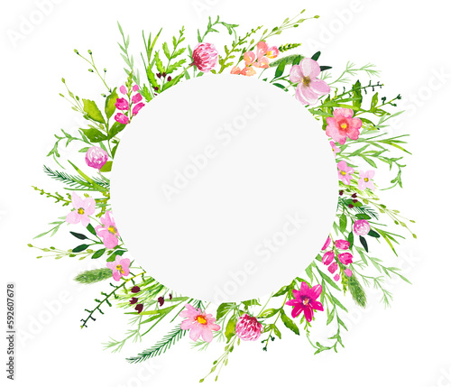 Floral round frame of wild pink flowers and grass