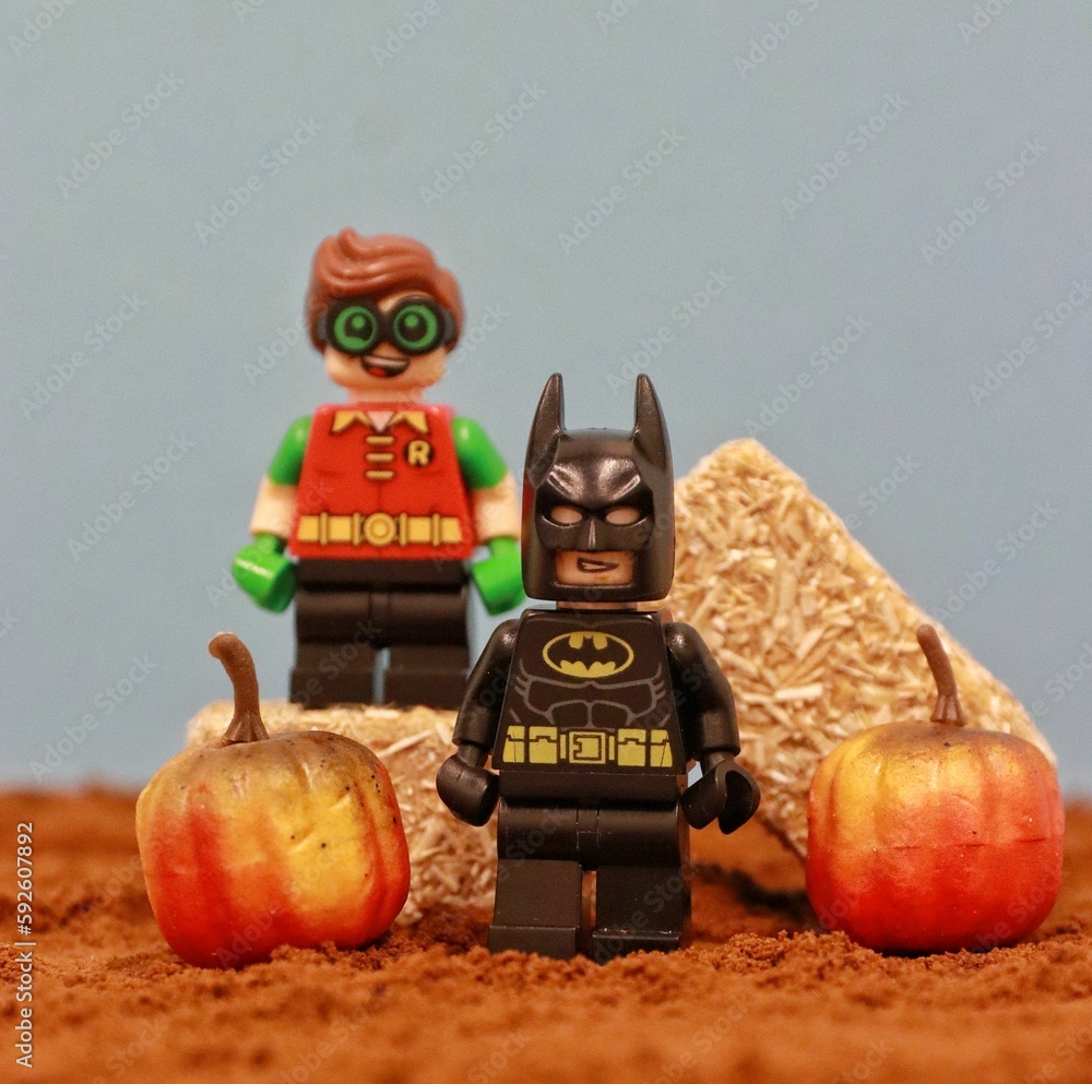 Fototapeta premium View of Batman and Robin lego figurine standing by the hays and pumpkins - Halloween concept