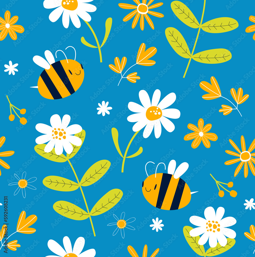 Summer blue background with cartoon bees and daisies. Floral pattern. Blue gentle seamless background. Fabric, paper, wallpaper.