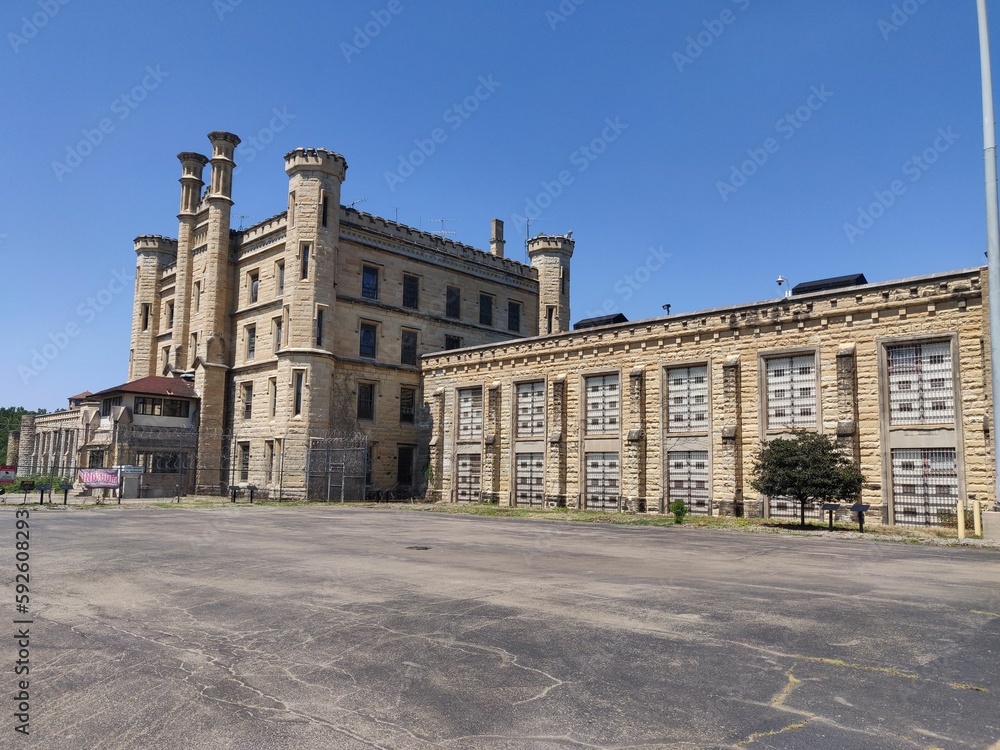 Exterior of Joliet Correctional Center was a prison in Joliet, Illinois, USA with blue sky