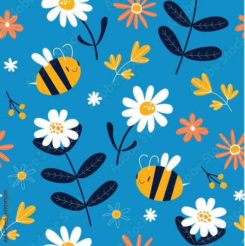 Vector blue background with cartoon bees and daisies. Floral pattern. Blue gentle seamless background. Fabric  paper  wallpaper.
