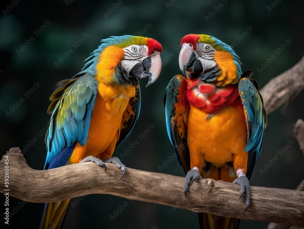 A pair of parrots perched on a branch, facing each other