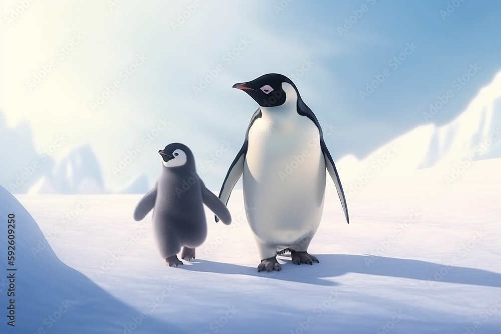 海氷上を歩く可愛いペンギンの親子　Generative AI