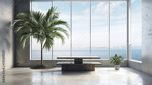 Indoor plant on white floor with empty concrete wall background  Lounge and coffee table near glass window in sea view living room of modern luxury beach house or hotel. Generative AI.