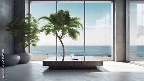 Indoor plant on white floor with empty concrete wall background  Lounge and coffee table near glass window in sea view living room of modern luxury beach house or hotel. Generative AI.