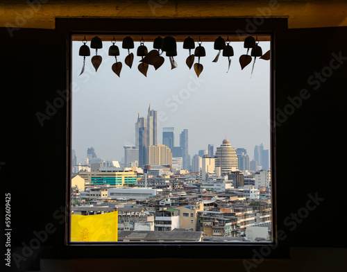 View of Bangkok city from the window of the golden mountain pagoda which is a famous tourist attraction Go out and see the tallest building in Thailand. 