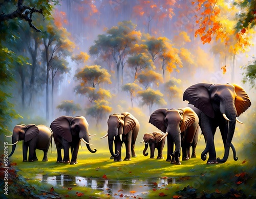 herd of elephants in the field, herd of elephants on the meadow AI Generative