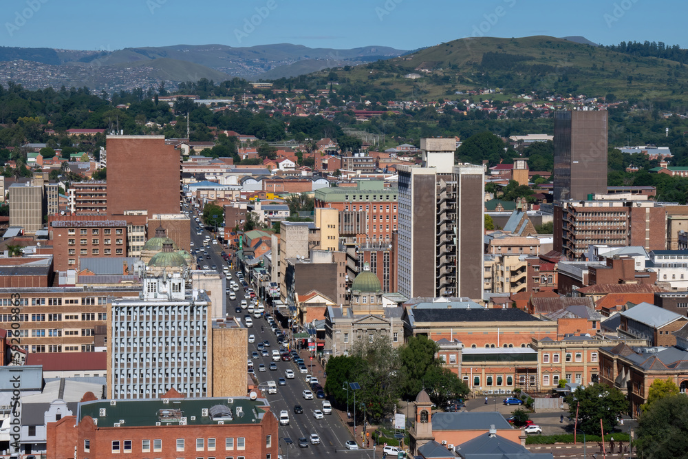 Drone view of the busy streets and city center of Pietermaritzburg, South Africa.