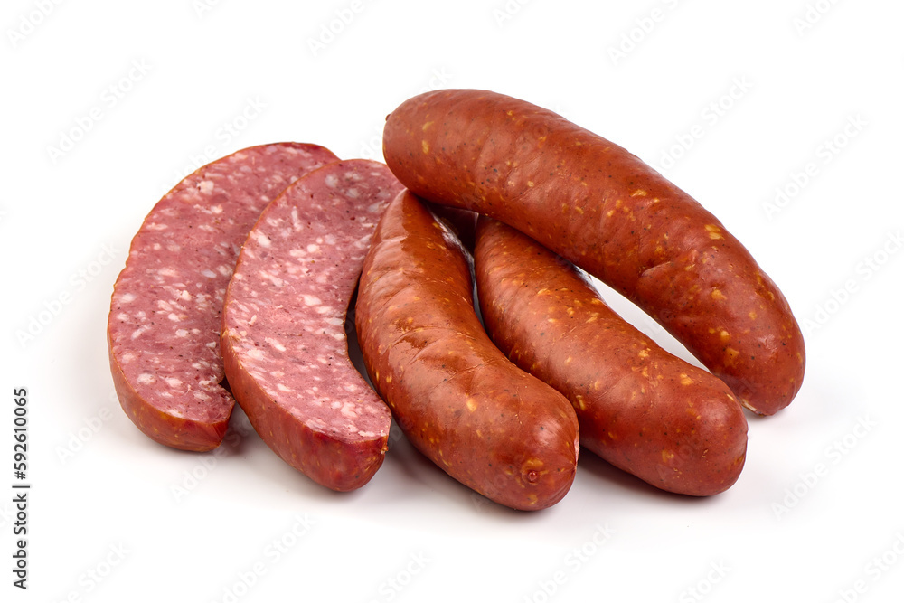 Smoked german sausages, isolated on white background. Smoked german sausages, isolated on white background.