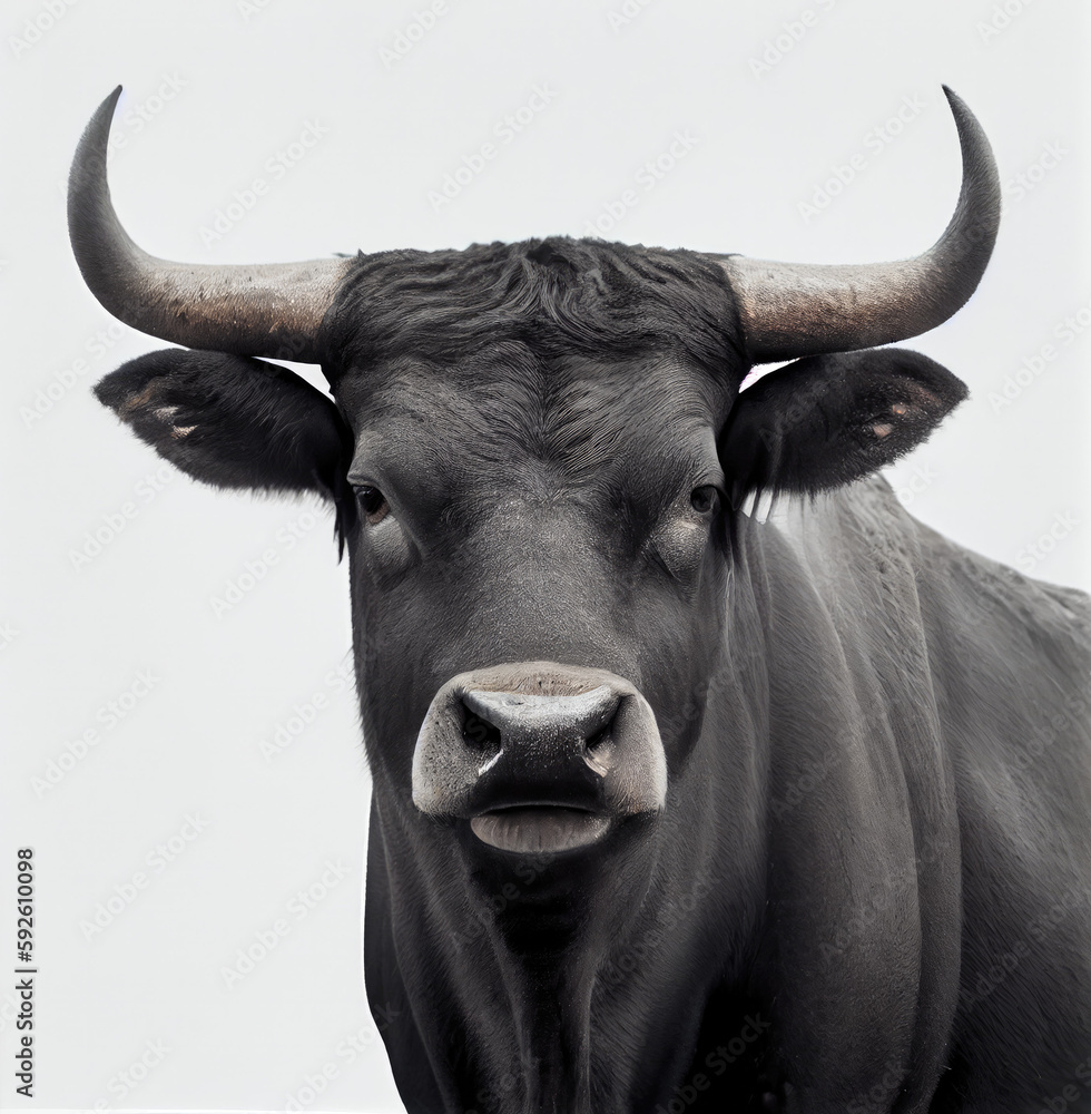 Adult Spanish bull portrait isolated on a white background. Generative