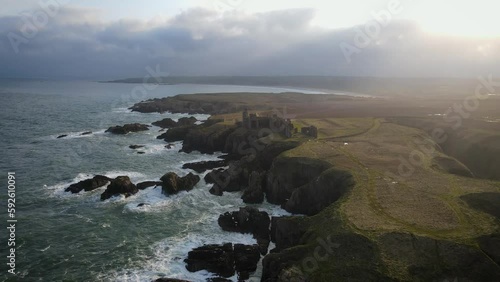 Aerial view of Slains Castle, Peterhead, Scotland, UK