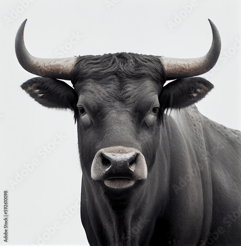 Adult Spanish bull portrait isolated on a white background. Generative AI. 