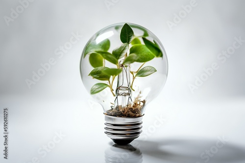 Eco-friendly lightbulb with fresh leaves inside. Concept of Renewable Energy and Sustainable Living. ESG, green energy, sustainable industry. Generative AI