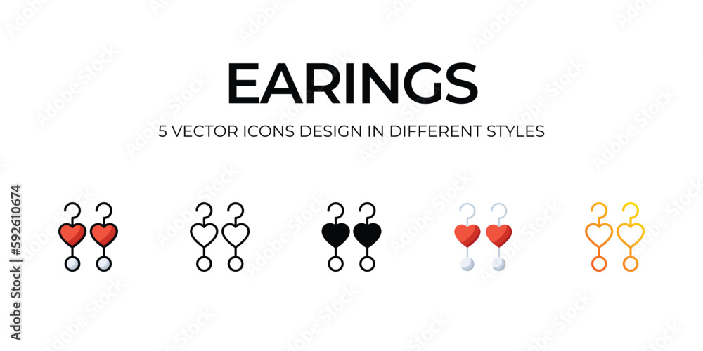 Earrings Icon Design in Five style with Editable Stroke. Line, Solid, Flat Line, Duo Tone Color, and Color Gradient Line. Suitable for Web Page, Mobile App, UI, UX and GUI design.
