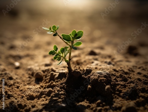 A green plant sprouting from dry soil