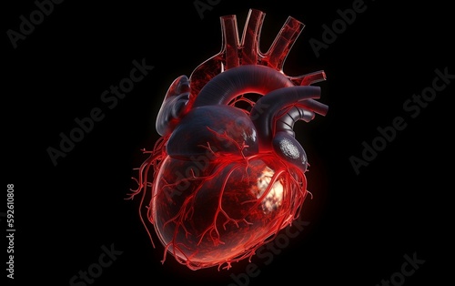 Heart on black background. Generative AI technology.