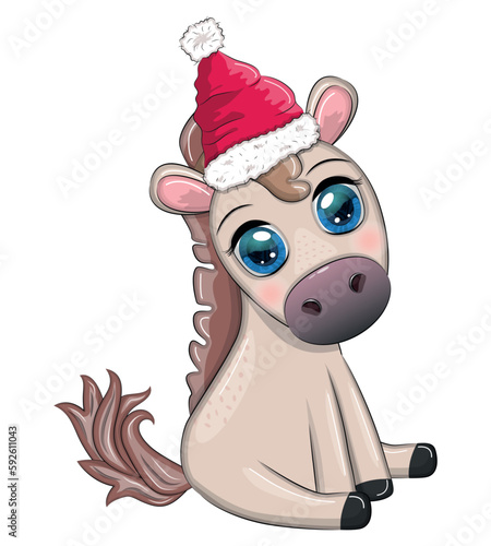 Cute horse, pony in Santa's hat with candy kane, Christmas ball, gift, ice skating. Winter, Christmas