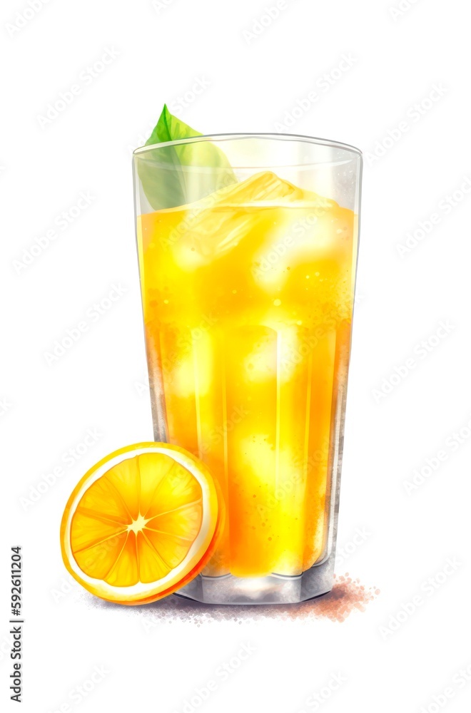 Glass of orange juice with ice isolated on white background. Watercolor illustration of a juicy cocktail decorated with mint and orange. Generative AI. Glass of orange juice with ice isolated on white background. Watercolor illustration of a juicy cocktail decorated with mint and orange. Generative AI.