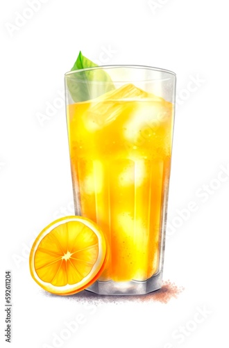 Glass of orange juice with ice isolated on white background. Watercolor illustration of a juicy cocktail decorated with mint and orange. Generative AI.