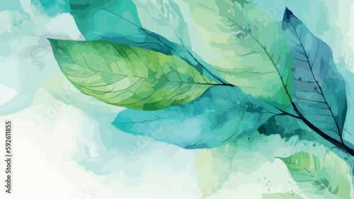 Leaf on a tree branch. Watercolor painting of green natural leaves. Spring and summer decoration. Ecological forest. Beautiful natural wallpaper. Vector botanical art. Card invitation artistic drawing