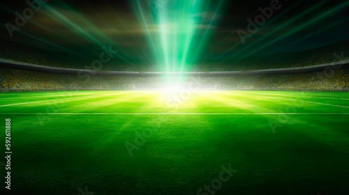 Sports stadium with grass pitch and lighted floodlighting towers. Generative AI © Farnaces