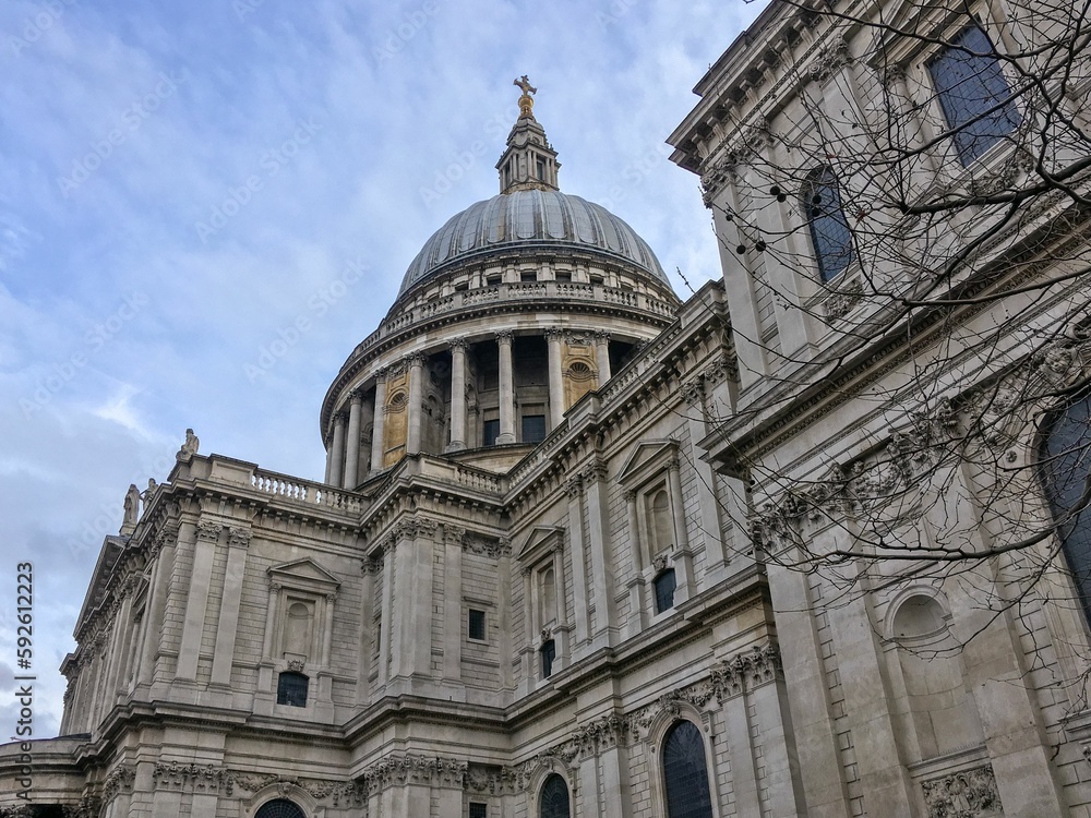 Beautiful side view of St. Paul's Cathedral against a blue sky
