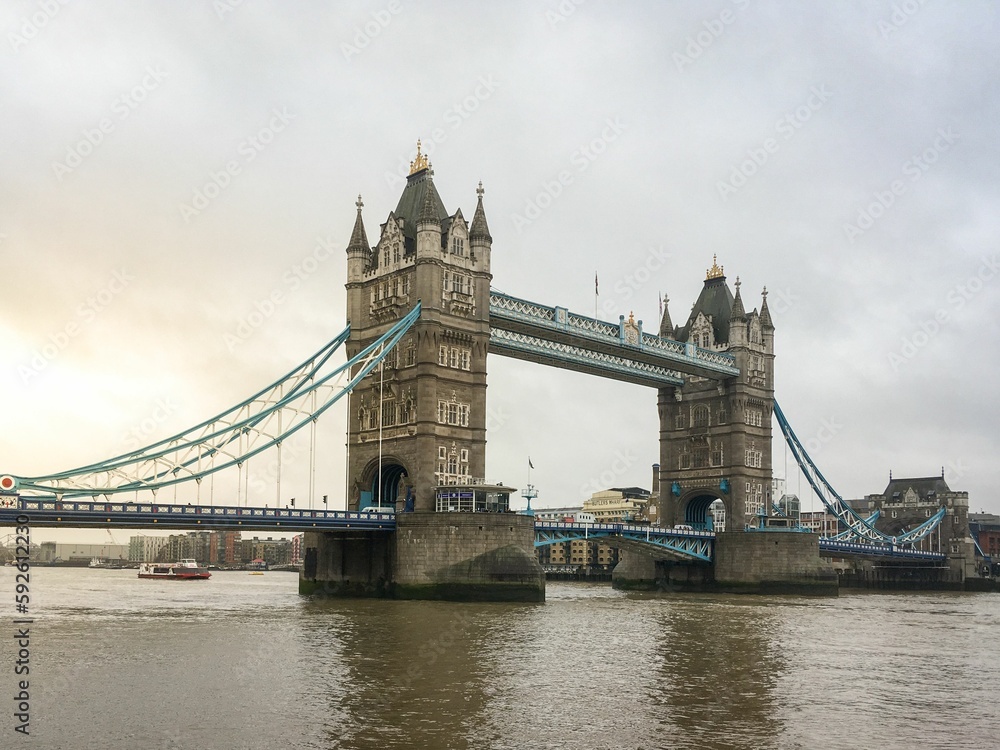 Scenic view of a tower bridge on a gray sky background