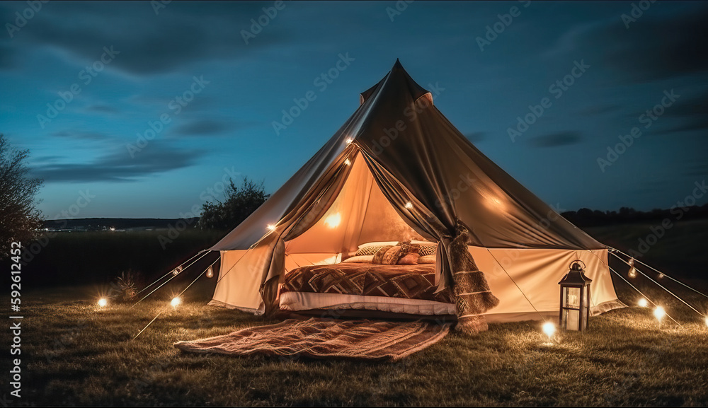 Glamping background in the countryside at night. Luxury vacation concept. Glamping in a luxury tent in the countryside. Generative AI