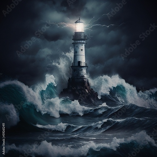 Bright Lighthouse Guides through Stormy Seas and Darkness. Generative AI