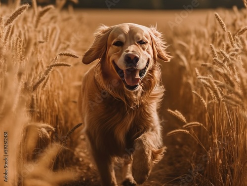 A majestic golden retriever running through a field
