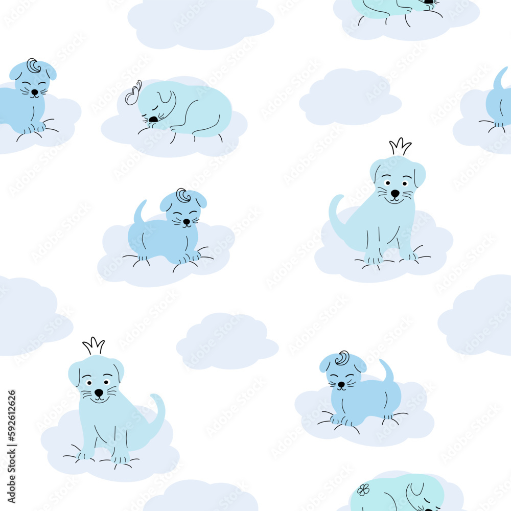 Cute sleeping puppy, clouds, stars, crown, butterflies Seamless pattern. Gentle colors. For newborns