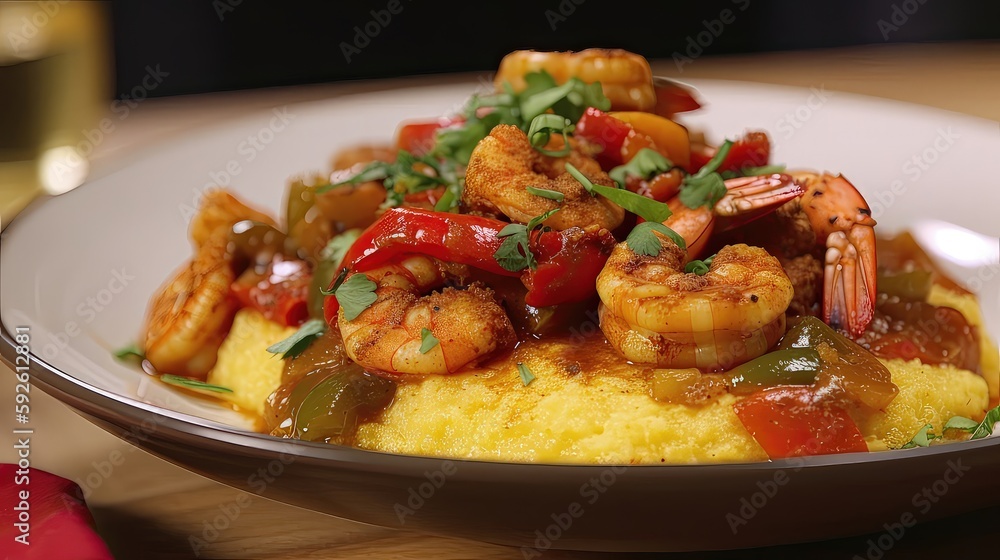 Take a trip down South with Spicy Cajun shrimp and grits, a delicious and hearty dish that is sure to satisfy your craving for something spicy and flavorful. Generated by AI.