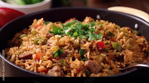 Take your taste buds on a flavorful journey with Spicy Cajun dirty rice, cooked in a classic Southern-style that will leave you craving for more. Generated by AI.