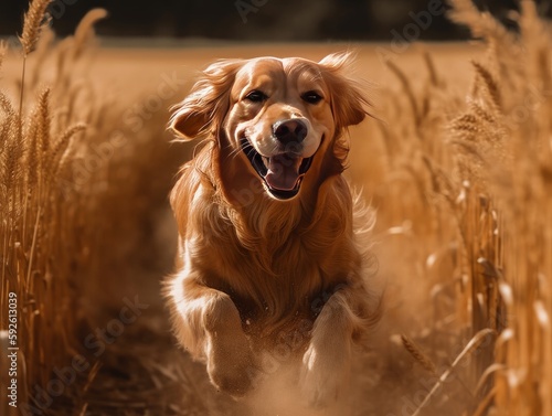 A majestic golden retriever running through a field
