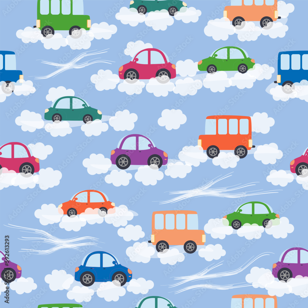 Cars, buses, trains, houses and roads, city seamless childish pattern