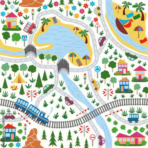 Detailed children's map of the city. Cars, buses and trains, houses and roads, river, forest and city seamless childish pattern