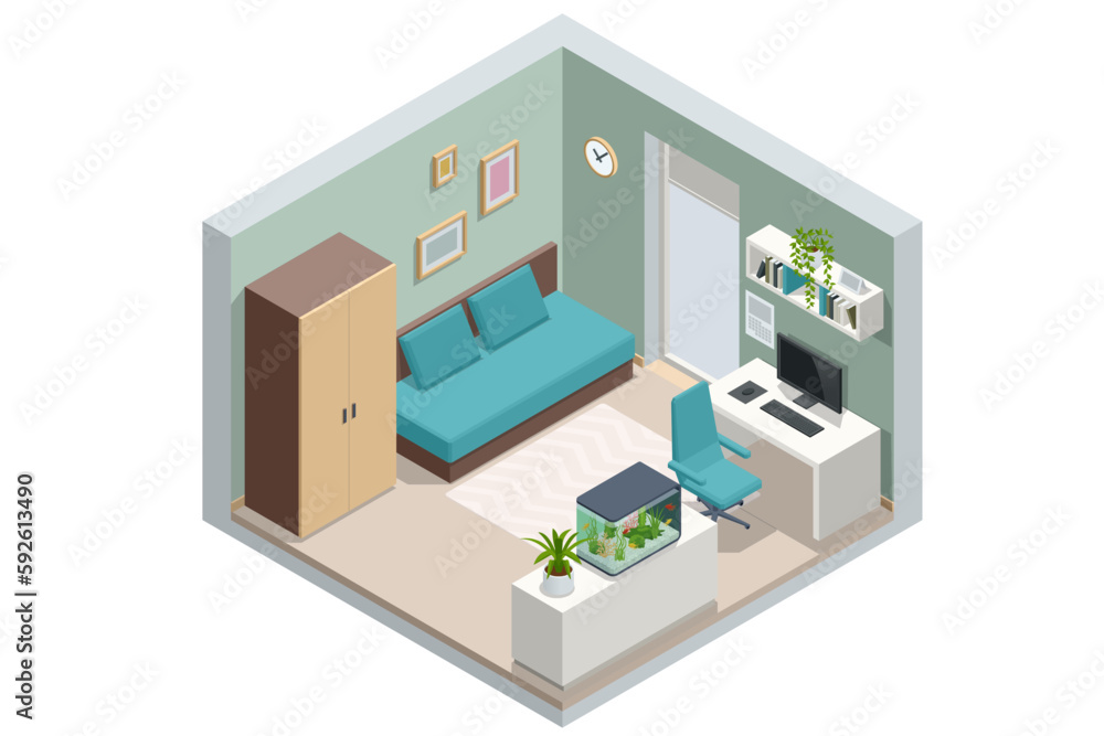 Isometric modern living room interior. A room with a sofa, a wardrobe, a computer on the table and an aquarium on the nightstand Isometric modern living room interior. A room with a sofa, a wardrobe, a computer on the table and an aquarium on the nightstand