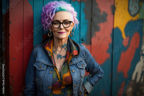 Portrait of an elderly smiling woman with colored hair and a tattoo against a wall with graffiti. Beauty and fashion in seniority. AI Generative